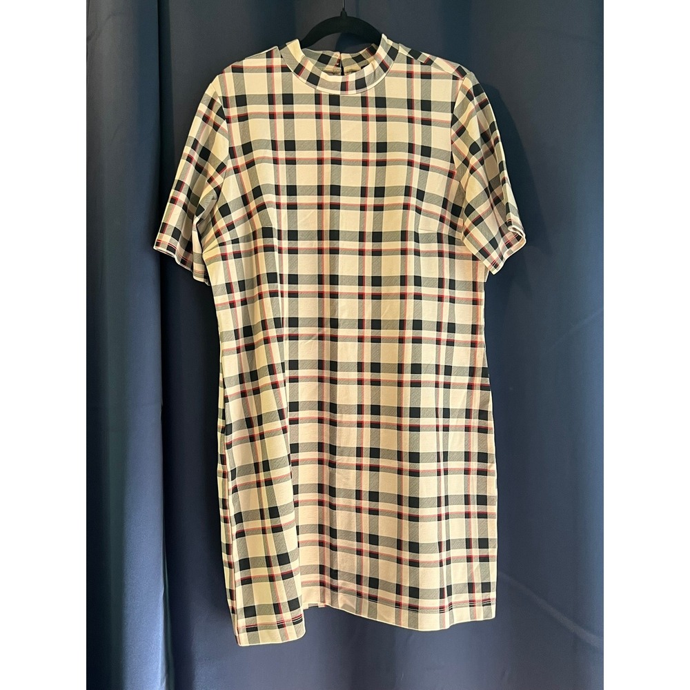 Sanctuary Womens Plaid Mock Neck Shift Dress Beige Black Red Short Sleeve 1X